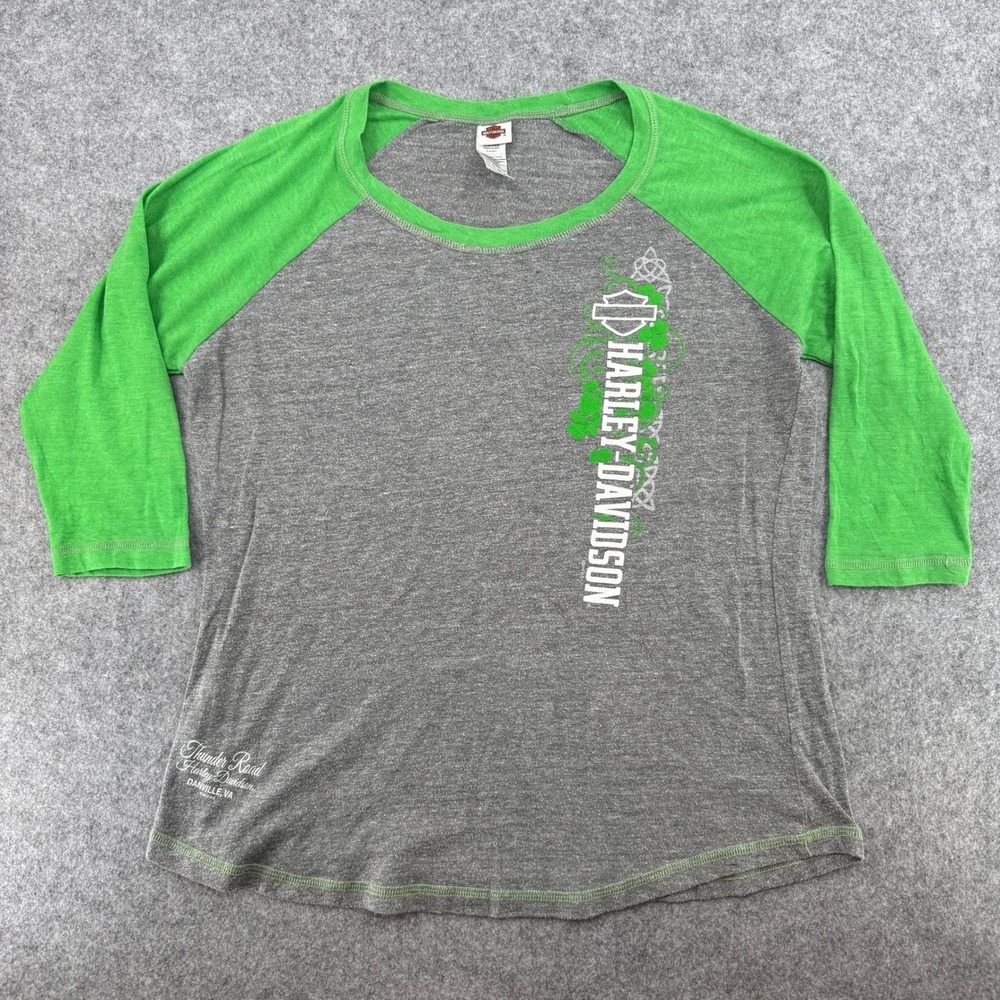 Harley-Davidson T-Shirt Mens XL Raglan Grey Green Graphic Thunder Road EUC